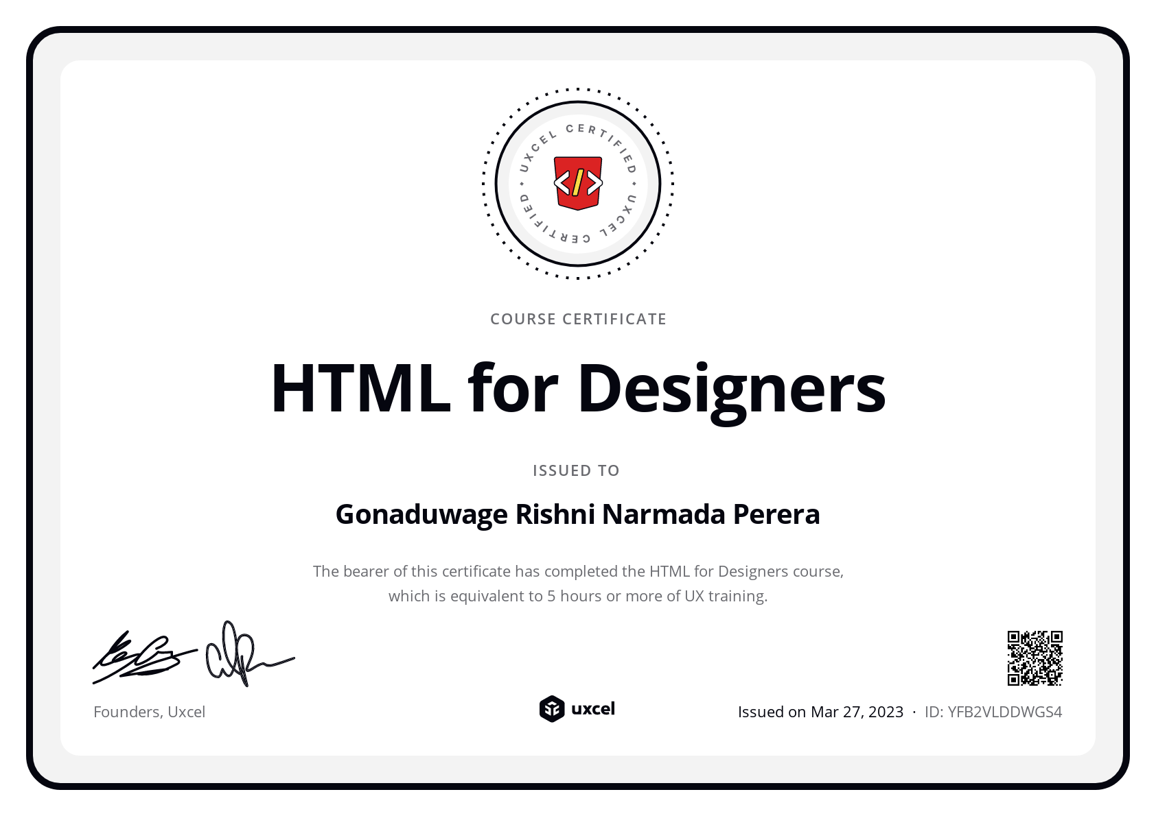 Gonaduwage Rishni Narmada Perera's certificate